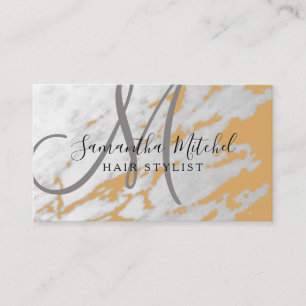 Trendy Hair Stylist Gold & Marble Monogram Business Card