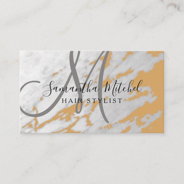 Trendy Hair Stylist Gold & Marble Monogram Business Card (Front)