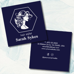 Trendy hair stylist hairdresser custom navy blue square business card