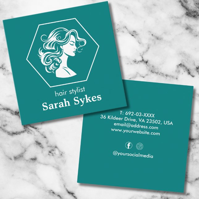 Trendy hair stylist hairdresser Professional Teal Square Business Card (Creator Uploaded)