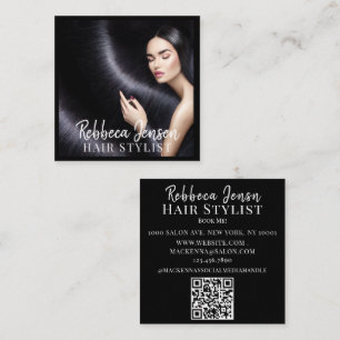 Trendy hair stylist white script hairdresser photo square business card