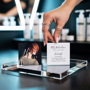 Trendy hair stylist white script hairdresser photo square business card