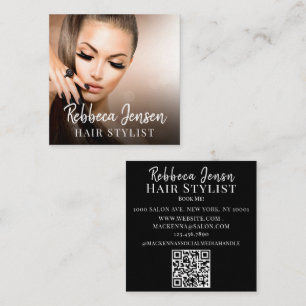 Trendy hair stylist white script hairdresser photo square business card