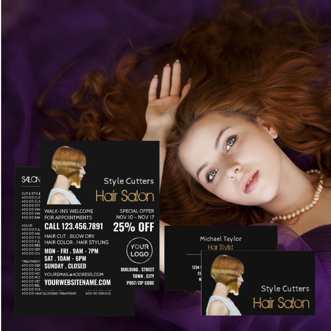 Trendy Haircut, Hair Stylist, Hair Salon Business Card (Creator Uploaded)