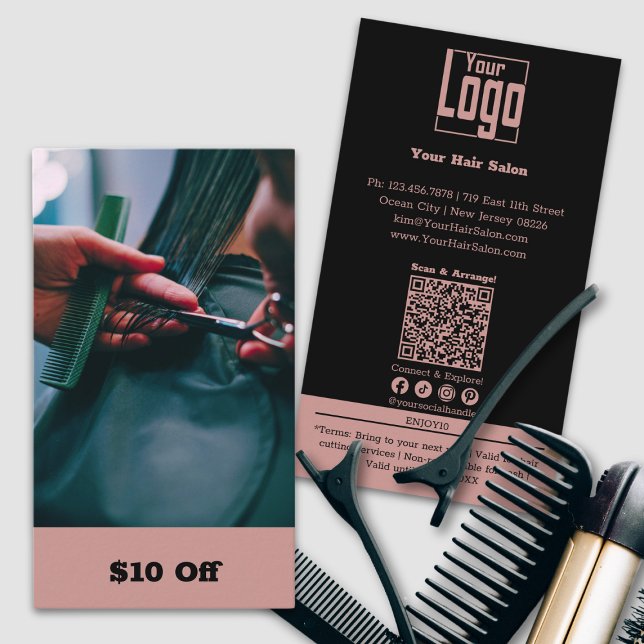 Trendy Hairdresser Image $10 Off Discount Card (Trendy Hairdresser Image $10 Off Discount Card, Custom Photo, Tuscany Pink & Black)