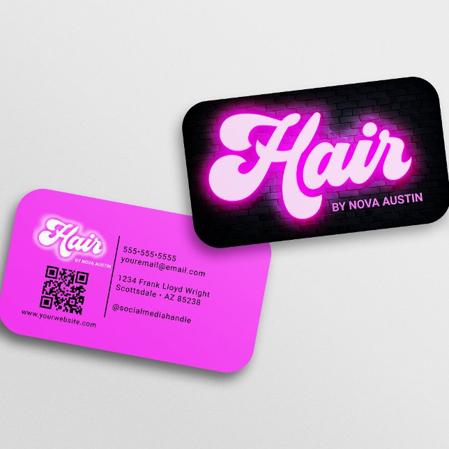 Trendy Hairstylist Glam Aesthetic Hot Pink QR Code Business Card (Creator Uploaded)