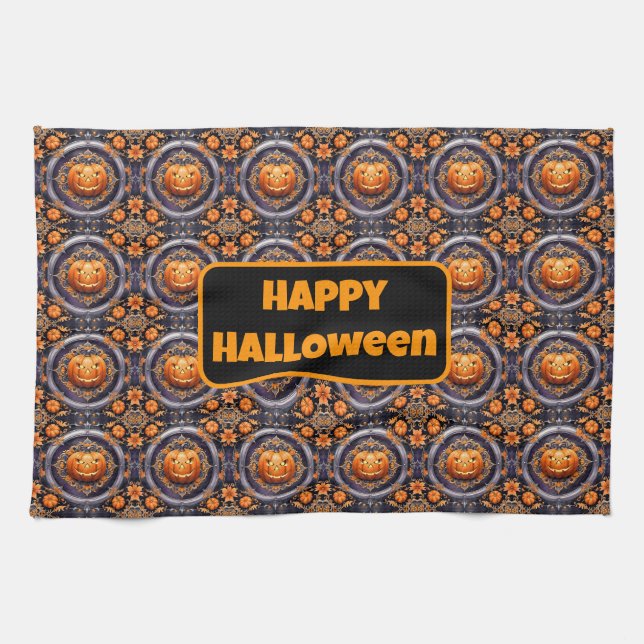 Trendy Halloween Pumpkin Autumn Collection Tea Towel (Horizontal)