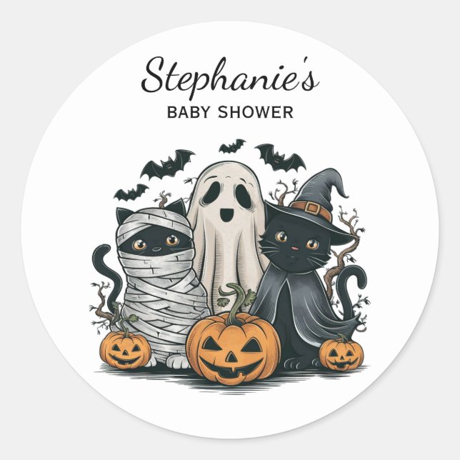 Trendy Halloween Pumpkin Ghost Cat Baby Shower     Classic Round Sticker (Front)