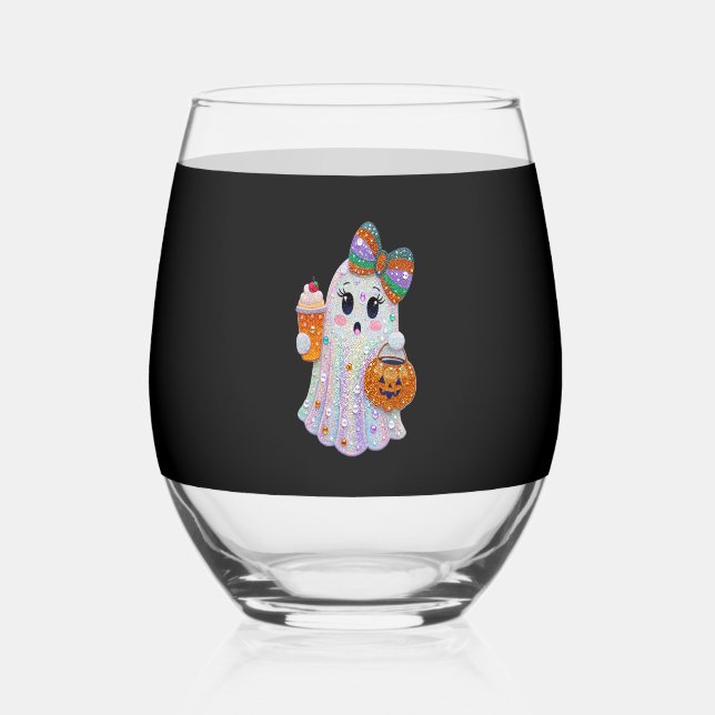 Trendy Halloween Rhinestones Ghost Stemless Wine Glass (Front)