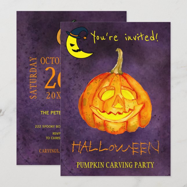 Trendy Halloween watercolor pumpkin carving party Invitation (Front/Back)