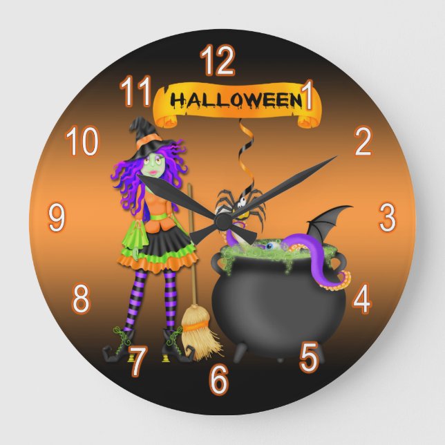 Trendy Halloween Witch Cauldron Round Wall Clock (Front)