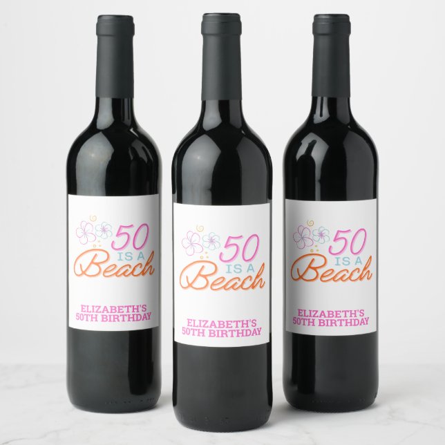  Trendy Hand Drawn 50th Beach Birthday Wine Label (Bottles)