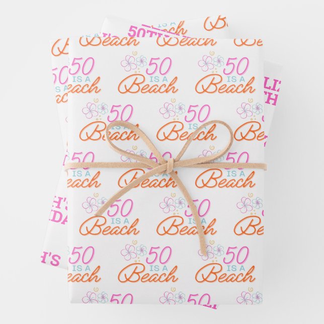  Trendy Hand Drawn 50th Beach Birthday Wrapping Paper Sheet (In situ)