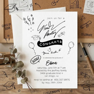 Trendy hand drawn black and white whimsical gradua invitation