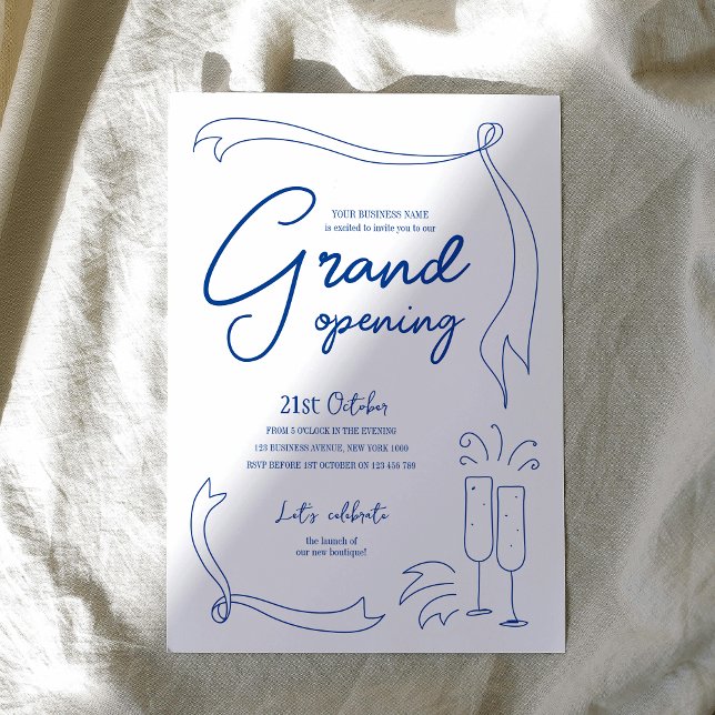 Trendy Hand Drawn Blue Business Logo Grand Opening Invitation (Embrace the whimsical rustic style with this hand drawn company grand opening invitation)