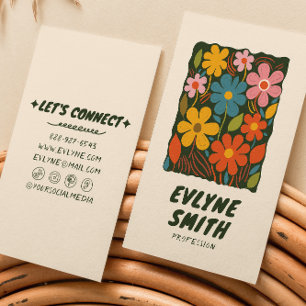 Trendy Hand Drawn Colourful Retro Funky Floral Business Card