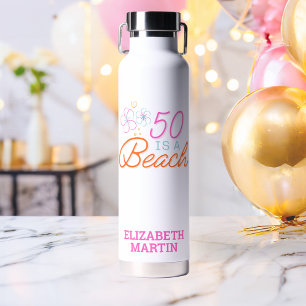 Trendy Hand Drawn Doodle 50th Beach Birthday  Water Bottle