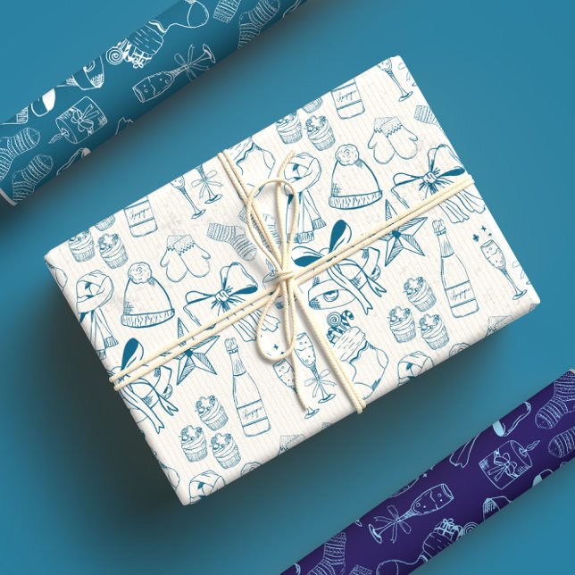 Trendy Hand Drawn Monochrome Blue & White Holiday Wrapping Paper Sheet (Creator Uploaded)