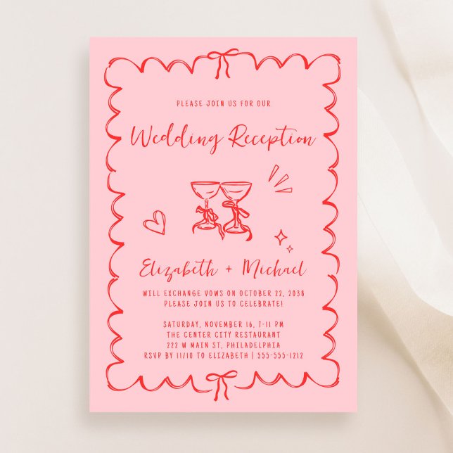 Trendy Hand Drawn Wavy Frame Wedding Reception Invitation (Whimsical pink + red engagement party invitation to set the tone for an unforgettable event)