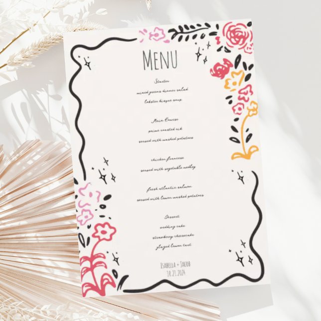 Trendy Hand Drawn Wildfower Wavy Squiggle Wedding  Menu (Creator Uploaded)