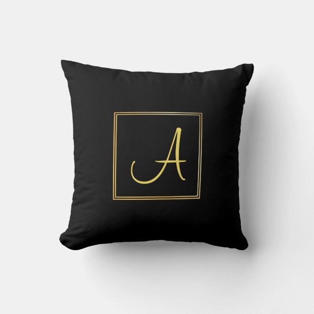 Trendy Hand Script Name A Black Gold Monogrammed Cushion (Front)