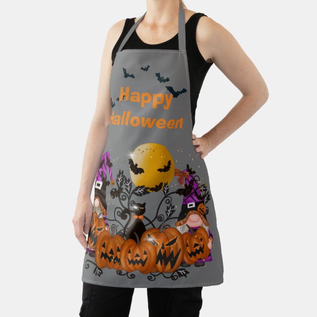 Trendy Happy Halloween Grey Gnome Apron (Insitu)