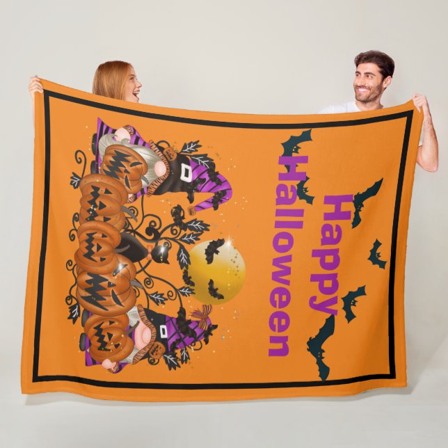 Trendy Happy Halloween Orange Gnome Fleece Blanket (In Situ)