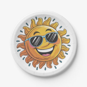 Trendy Happy Yellow Sun with Sunglasses Paper Plate