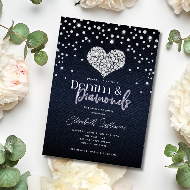Trendy Heart Denim and Diamonds Bachelorette Party Invitation (Creator Uploaded)