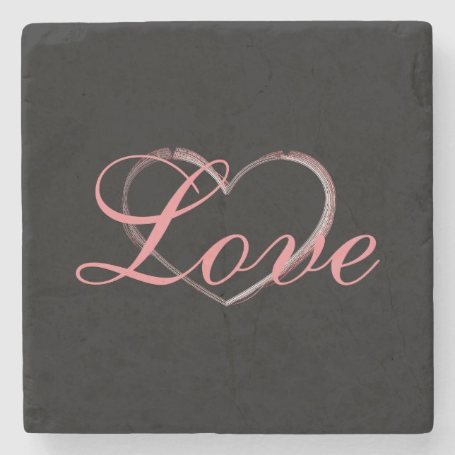 Trendy Heart Grey Calligraphy Love Wedding Stone Coaster (Front)