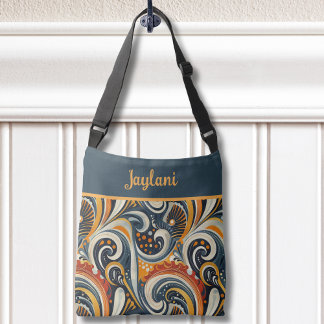 Trendy Hip Retro Orange Deep Teal Swirls Monogram Crossbody Bag