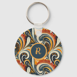 Trendy Hip Retro Orange Deep Teal Swirls Monogram  Key Ring