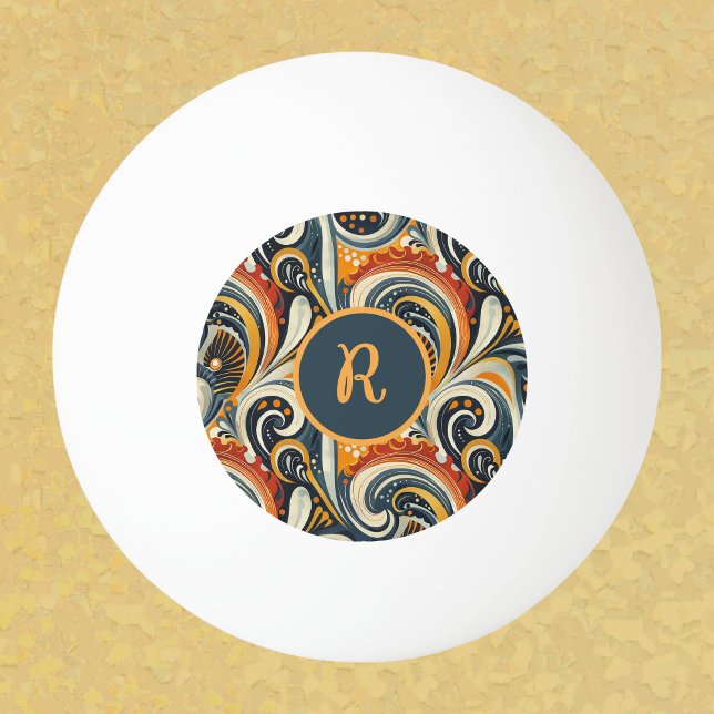 Trendy Hip Retro Orange Deep Teal Swirls Monogram  Ping Pong Ball (Creator Uploaded)
