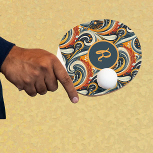 Trendy Hip Retro Orange Deep Teal Swirls Monogram  Ping Pong Paddle