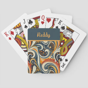 Trendy Hip Retro Orange Deep Teal Swirls Monogram Playing Cards