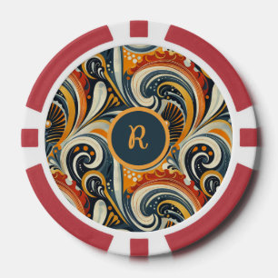 Trendy Hip Retro Orange Deep Teal Swirls Monogram  Poker Chips