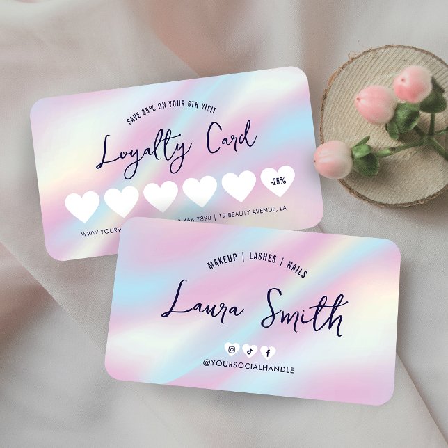 Trendy Holographic Hairstylist Nails Beauty Salon Loyalty Card (Modern loyalty cards with holographic background and modern fonts)