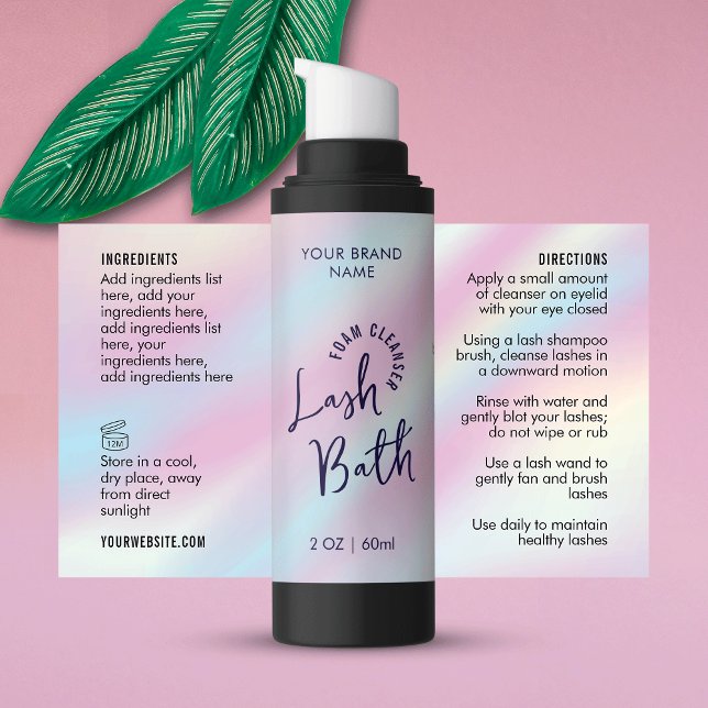 Trendy Holographic Lash Bath Bottle Wrapper Label (Trendy holographic effect lash bath foam bottle wrap around label with fully editable text)