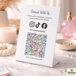 Trendy Holographic QR Code Connect With Us Pedestal Sign