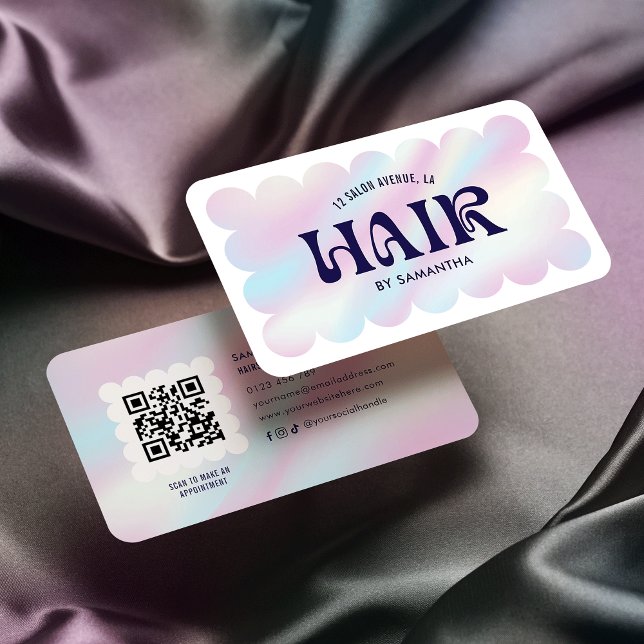 Trendy Holographic  QR Code Hairstylist Hair Salon Business Card (Creator Uploaded)