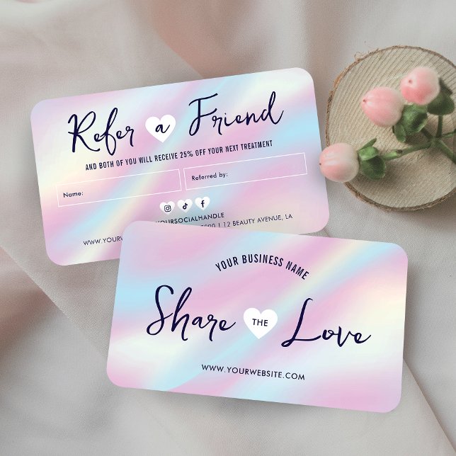 Trendy Holographic Share the Love Nails Spa Salon Referral Card (Trendy Share the Love referral cards with holographic effect and trendy script fonts)