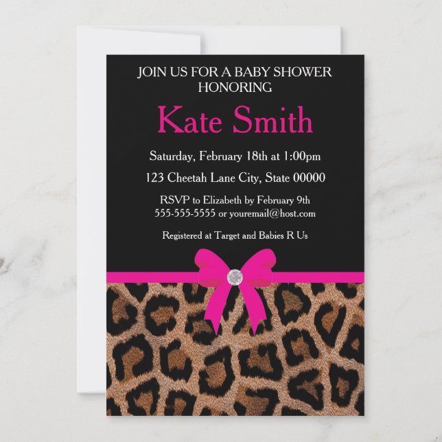 Trendy Hot Pink and Black Leopard Bow Baby Shower Invitation (Back)