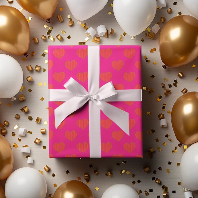 Trendy Hot Pink and Orange Glitter Heart  Wrapping Paper Sheet (Creator Uploaded)