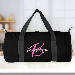 Trendy Hot Pink Black White Script Monogram Duffle Bag