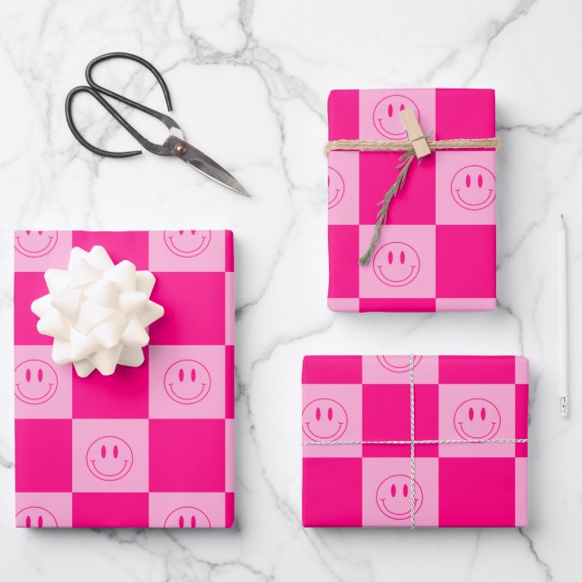 Trendy Hot Pink Chequered & Groovy Happy Smile Wrapping Paper Sheet (Front)