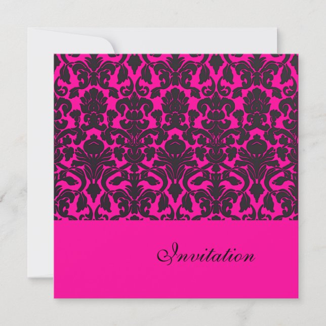 Trendy Hot Pink Damask Wedding Invitations (Front)