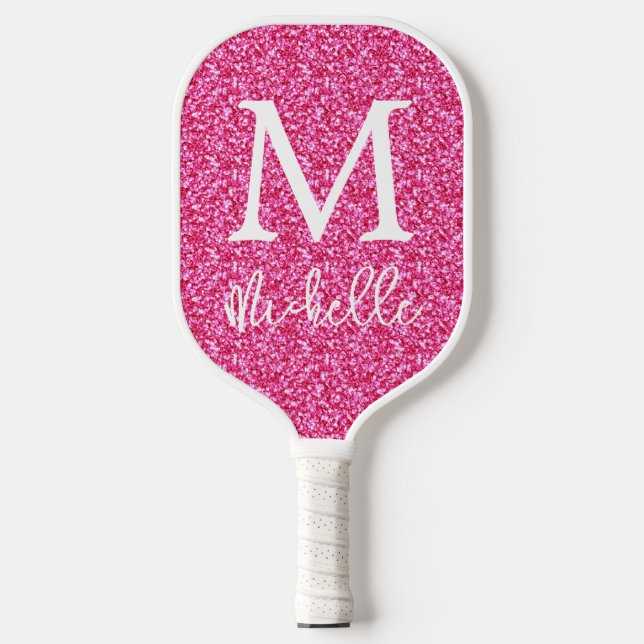 Trendy Hot Pink Glitter Monogram Initial Name  Pickleball Paddle (Front)