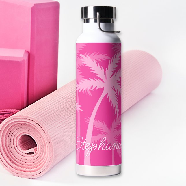 Trendy Hot Pink Palms Magenta Cute Monogrammed Water Bottle (Creator Uploaded)