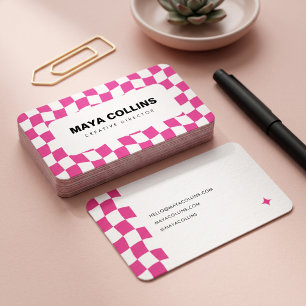 Trendy Hot Pink White Wavy Chequered Business Card