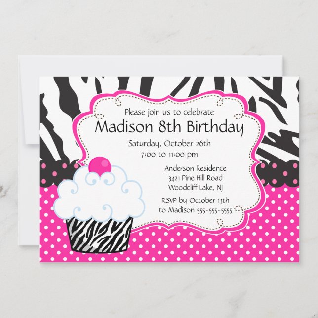 Trendy Hot Pink & Zebra Cupcake Birthday Party Invitation (Front)
